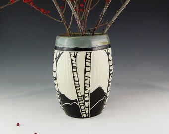 Large Sgraffito Pottery Birch Vase in Black White and Gray