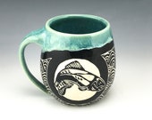 Sgraffito Trout Pottery Mug in Blue