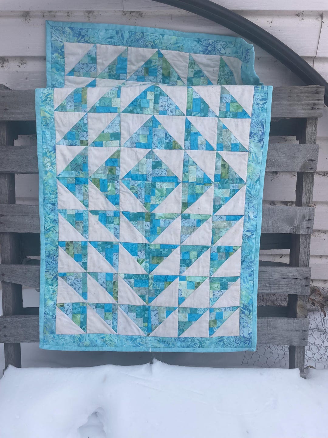 White Patchwork Handmade Aqua & White Patchwork Quilt With Fleece Backing (43