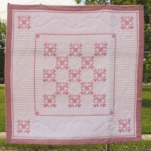 King Size Quilt - Pink Floral Quilt - Handmade Elegant Bedspread or Wall Hanging