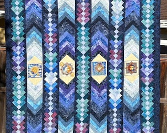 Celestial Braid Quilt, Handmade Patchwork Sun Moon Bed Quilt (89x85)