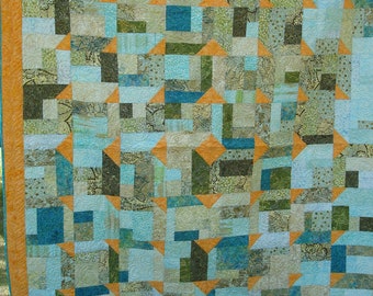 Tongo Splendor - Handmade Modern Patchwork Quilt - Blue, Green, and Orange Geometric Design - Cozy Bedspread or Wall Art