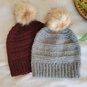 Easy Crochet Beanie Pattern, Three Ridges Beanie, Crochet Fitted Hat Pattern, Crochet Pompom Hat, Crochet Pattern Hat