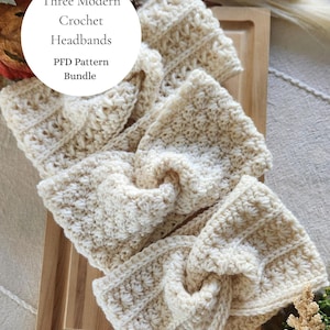 Paquete de patrones de crochet: 3 patrones modernos de diademas retorcidas para principiantes en PDF / 9 tallas desde recién nacido hasta adulto grande