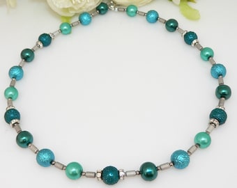 Necklace, pearl necklace, glass beads, hematite, silver, rhinestone, emerald, turquoise, petrol, 244g