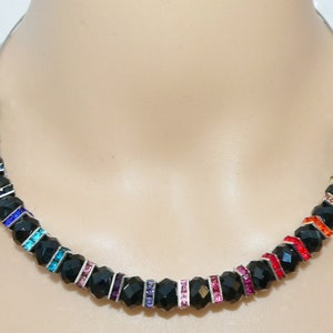 Necklace, choker, necklace, necklace, glass, rondelle, rhinestones, red, green, blue, black, multicolored