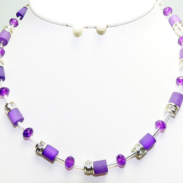 Collier, chaîne, sautoir, sautoir, chaîne à rouleaux, Polaris, verre facetté, strass, argent, violet, violet,