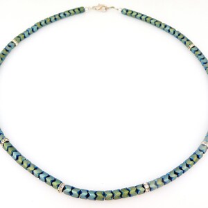 zarte Halskette, Kette, Collier, Necklace, Rondellle, Hämatit, grün, petrol, mehrfarbig, matt, Strass, silber,