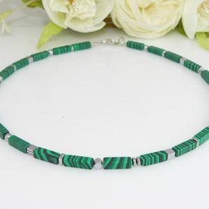Necklace, Collier, Necklace, Gemstone, Gemstone, Impression Jasper, Malachite Style, green, black, dark green, Hematite, silver,