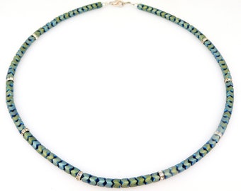 delicate necklace, chain, collier, necklace, rondellle, hematite, green, petrol, multicolored, matt, rhinestone, silver,
