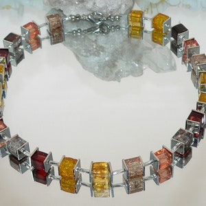 Chain, necklace, collier, chain of cubes, glass cubes, acrylic cubes, metal plates, honey, brown, light brown, dark brown