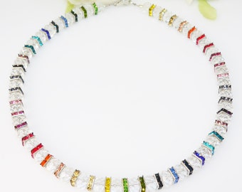 Halskette, Würfelkette, Necklace, Collier, Kristallrondelle Glas, Strass, lila, orange, gelb, rot, blau, grün,