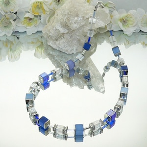 Chain, necklace, cube chain, necklace, cube, glass, rhinestone, blue, light blue, dark blue, silver