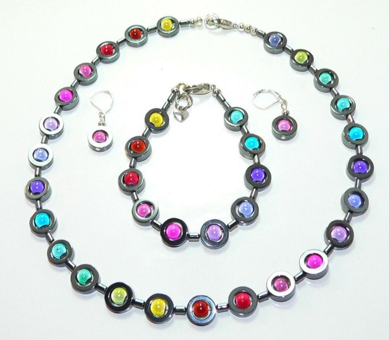 Set necklace rings glass bracelet black beads hematite jewelry set earrings h\u00e4matin colorful