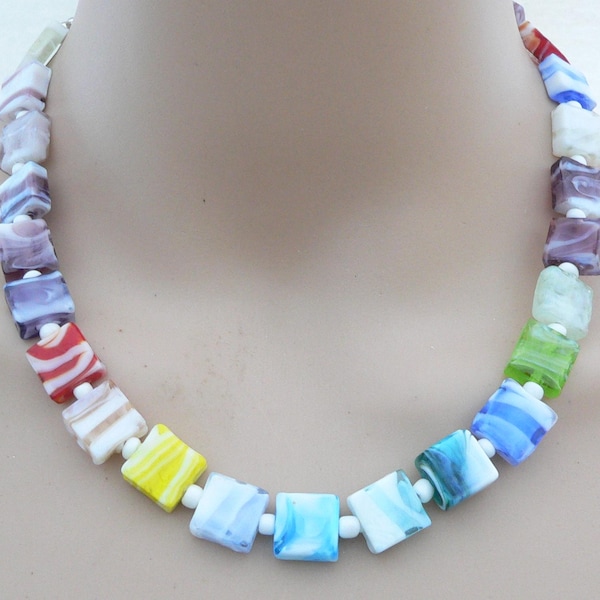 Chain, necklace, necklace, necklace, lampwork squares, glass, Murano Art, lampwork cubes, millefiori, multicolor, colorful, 311j