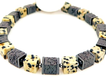 Armband, Armschmuck, Würfel, Cube, Schmuckstein, Edelstein, Leoparden Jaspis, marmoriert, Hämatit schwarz, Lava Style,