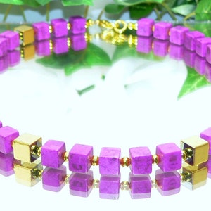 Necklace, cube chain, chain, collier, cube, cube, necklace, cube, synth turquoise, hematite, purple, violet, gold, image 1
