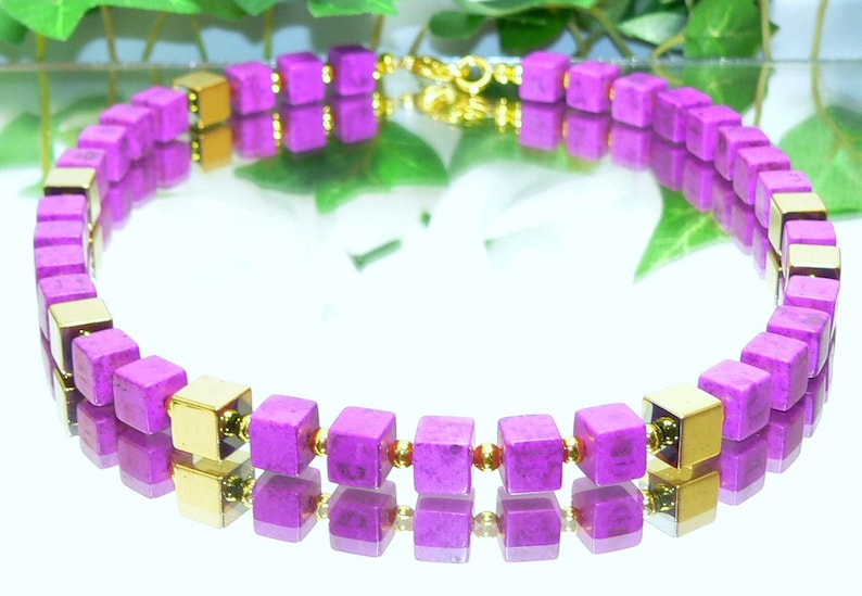 Necklace, cube chain, chain, collier, cube, cube, necklace, cube, synth turquoise, hematite, purple, violet, gold, image 1