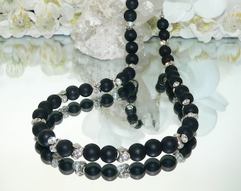 Kette, Halskette, Collier, Perlenkette, Perlen, rund,  synth schwarzer Diamant, strass, schwarz, silber,