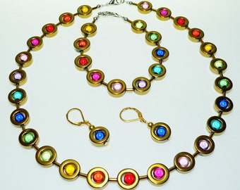 set, schmuck-set, kette, armband, ohrringe, hämatit, hämatin, ringe, glas, perlen, gold, bunt