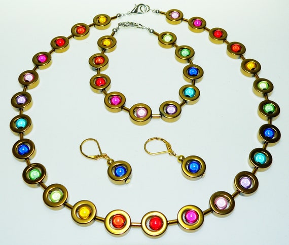 Parure De Bijoux En Hématite - Collier, Bracelet, Boucles D'oreilles - Occasion - Pierre Dominante Hématite