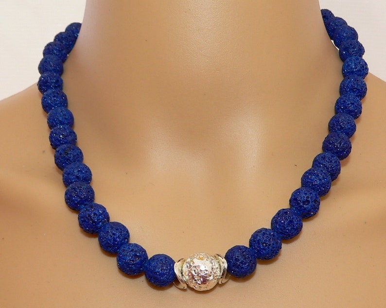 lampwork beads pearl necklace lava stones necklace dark blue blue light blue silver Chain necklace costume jewelry