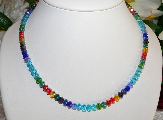 Halskette, Kette, Collier, Necklace, Rondelle, Kristallglas, geschliffen, bunt, multicolor, mehrfarbig,