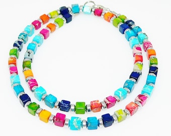 Necklace, cube chain, necklace, cube, cube, necklace, gemstone, sediment jasper, colorful, multicolored, multicolor,