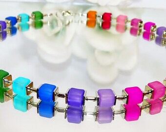 Collana Catena Cubo Multicolore – Acciaio Inox, Perle Di Vetro 8 Mm, Lunga 43 Cm, Traumschmuck