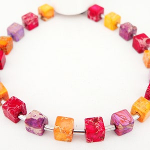 Bracelet, arm jewelry, bracelet, gemstone cubes, impressions jasper, hematite pins, orange, red, purple,