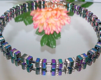 Chain, necklace, cube chain, cube, cube, necklace, rhinestones, silver, multicolor, purple, green, blue,