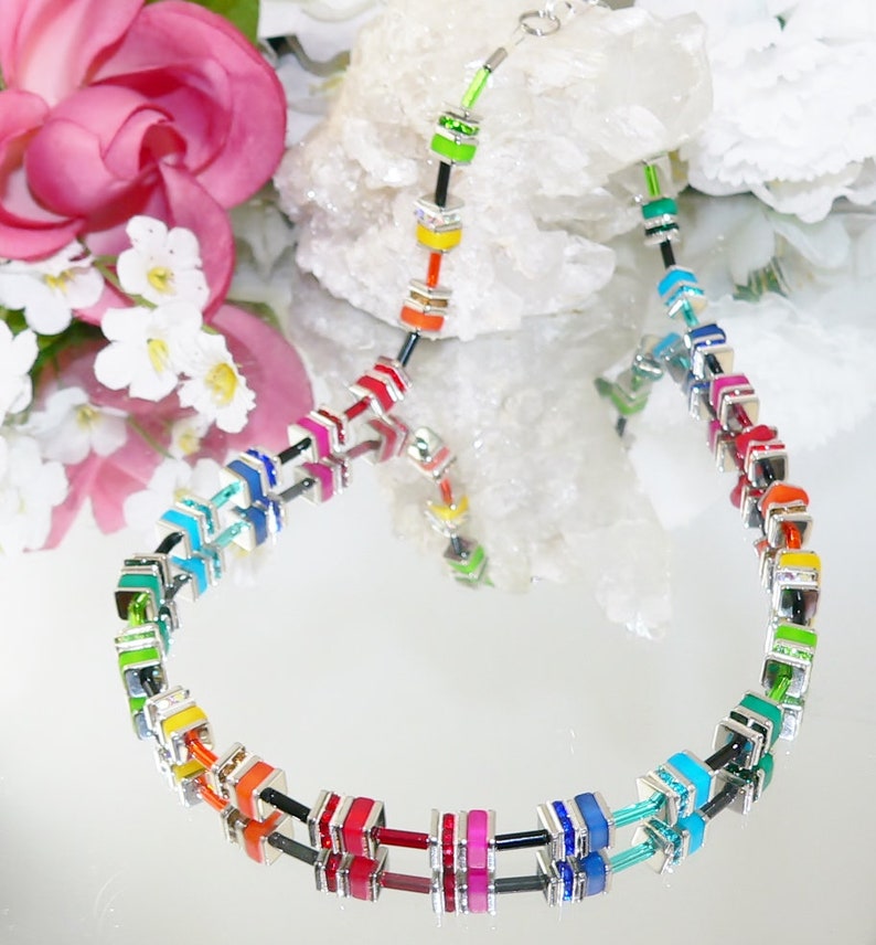 green necklace yellow Chain neck chain rhinestone multicolor Polarisw\u00fcrfel blue multi colored green cube chain red