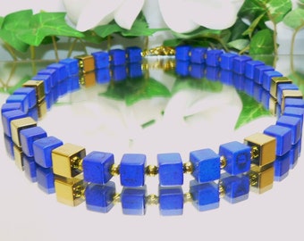 Halskette, Kette, Würfelkette, Collier, Würfel, synth Türkis, Cube, necklace, blau, hellblau, blue, gold,