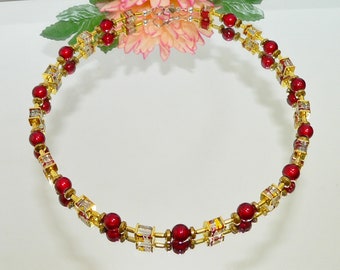 Necklace, necklace, cube necklace, necklace, cube, hematite, cube, beads, glass, red, dark red, fire red, gold