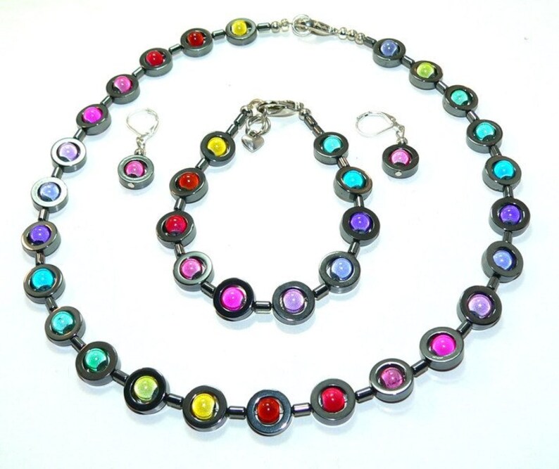 Set necklace rings glass bracelet black beads hematite jewelry set earrings h\u00e4matin colorful