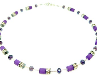 Halskette, Collier, necklace, Walzenkette, Polaris Walzen, Glas Rondelle, lila, Strasskristalle, Strass