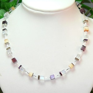 Chain, necklace, collier, cube chain, pearls, glass, plastic cubes, glass cubes, rhinestones, apricot, cream, aubergine, purple,