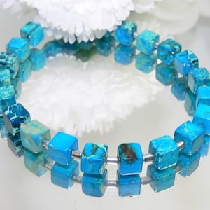 Bracelet, arm jewellery, fashion jewellery, gemstone cubes, impression jasper, hematite pins, turquoise, light blue, blue
