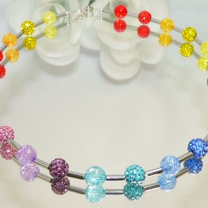 Chain, necklace, pearl necklace, polymer rhinestone beads, acrylic beads, hematite pins, yellow, red, blue, green, purple, violet