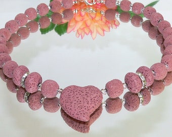 Kette, Hals-kette, Collier, Lava-kette, Lava-Rondelle, Glas-perlen, Strass, hellrot, rosa,