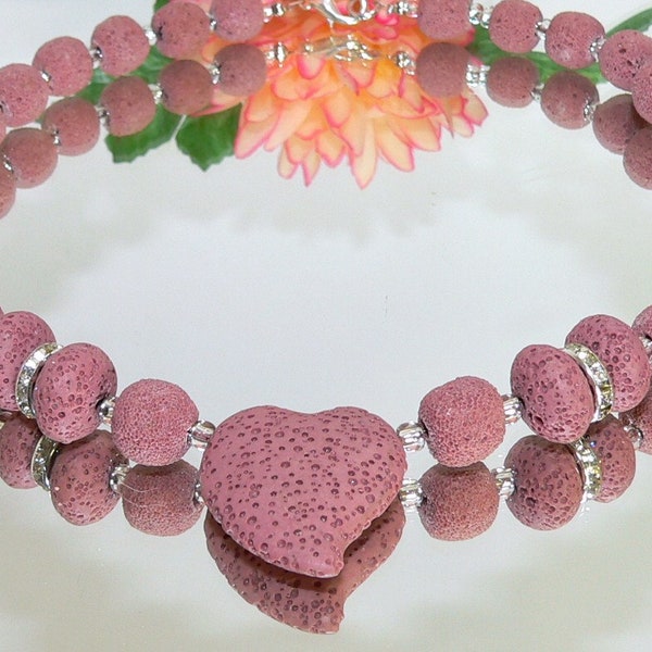 Kette, Hals-kette, Collier, Lava-kette, Lava-Rondelle, Glas-perlen, Strass, hellrot, rosa,