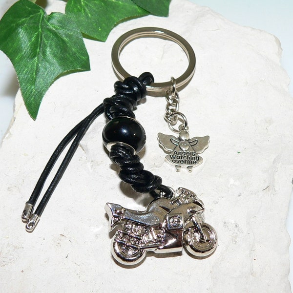 Porte-clés, Pocket dangler, Bracelet en cuir, Moto, Motard / Biker, Pendentif, Ange Gardien, Ange, Talismann Porte-bonheur