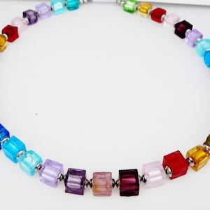Chain, necklace, collier, cube chain, cube, glass Murano Art, multicolor, red, green, blue, yellow, purple,