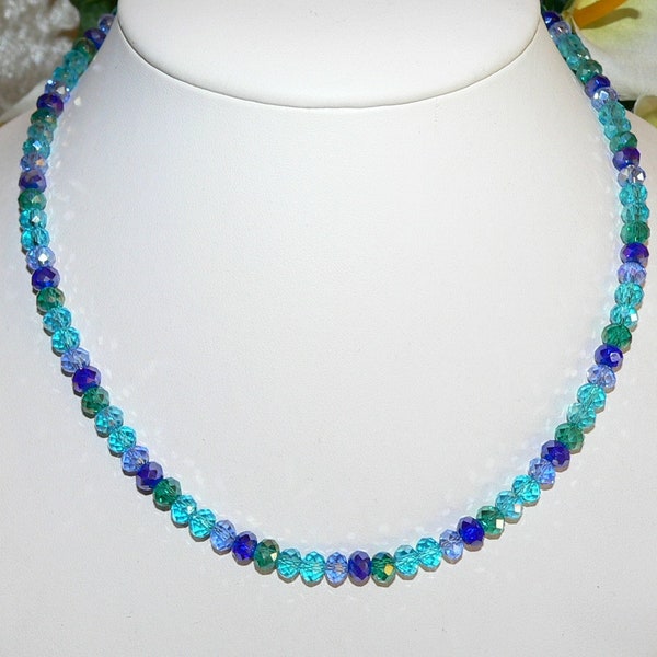 Necklace, chain, collier, necklace, rondelle, crystal glass, cut, blue, turquoise, aqua, multicolored,