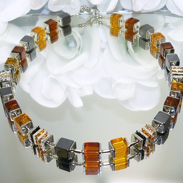 Chain, necklace, collier, cube chain, cube, glass cubes, hematite cubes, rhinestones, topaz, honey, cognac, brown, light brown