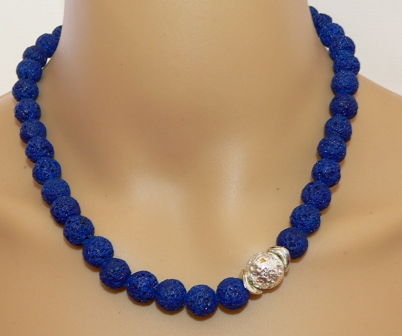 lampwork beads pearl necklace lava stones necklace dark blue blue light blue silver Chain necklace costume jewelry