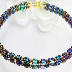 Necklace, necklace, cube chain, necklace, cube, glass, glass cube, glass rondelle, royal, blue, dark blue, gold,