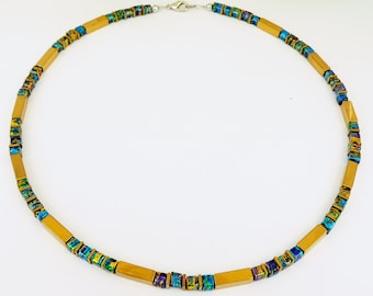 Halskette, Würfelkette, Collier, Necklace, Rechteck, Hämatit, goldfarben, Würfel, Glas, blau, dunkelblau, hellblau,