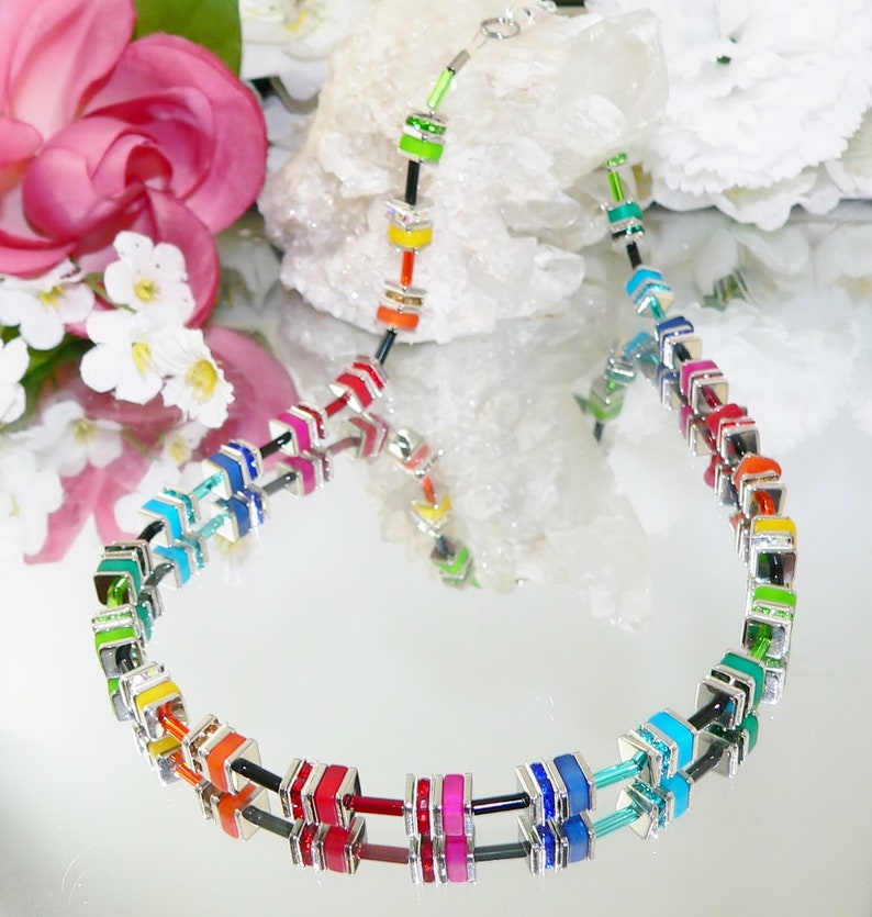 green necklace yellow Chain neck chain rhinestone multicolor Polarisw\u00fcrfel blue multi colored green cube chain red