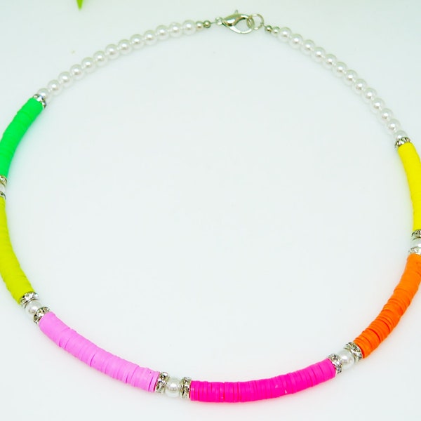 Collier, chaîne, sautoir, perle d'argile, fluo, vert, rose, orange, blanc, multicolore, multicolore,